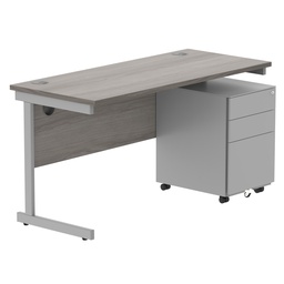 [COREBUNSU1460GOAKSV+USMP3SV] CORE Single Upright Rectangular Desk + Under Desk Steel Pedestal 3 Drawers (FSC) | 1400 X 600 | Alaskan Grey Oak/Silver