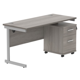 [COREBUNSU1460GOAKSV2] Single Upright Rectangular Desk + 2 Drawer Mobile Under Desk Pedestal (FSC) | 1400 X 600 | Alaskan Grey Oak/Silver