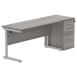 [COREBUNSU1460GOAKSVDH] Single Upright Rectangular Desk + Desk High Pedestal (FSC) | 1400 X 600 | Alaskan Grey Oak/Silver