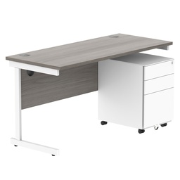 [COREBUNSU1460GOAKWH+USMP3WH] CORE Single Upright Rectangular Desk + Under Desk Steel Pedestal 3 Drawers (FSC) | 1400 X 600 | Alaskan Grey Oak/White
