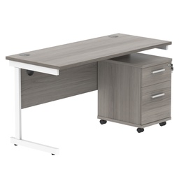 [COREBUNSU1460GOAKWH2] Single Upright Rectangular Desk + 2 Drawer Mobile Under Desk Pedestal (FSC) | 1400 X 600 | Alaskan Grey Oak/White
