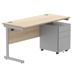 [COREBUNSU1460OKSV+USMP3SV] CORE Single Upright Rectangular Desk + Under Desk Steel Pedestal 3 Drawers (FSC) | 1400 X 600 | Canadian Oak/Silver