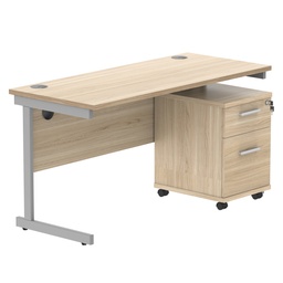 [COREBUNSU1460OKSV2] Single Upright Rectangular Desk + 2 Drawer Mobile Under Desk Pedestal (FSC) | 1400 X 600 | Canadian Oak/Silver
