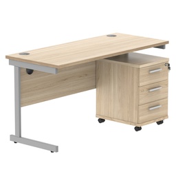 [COREBUNSU1460OKSV3] Single Upright Rectangular Desk + 3 Drawer Mobile Under Desk Pedestal (FSC) | 1400 X 600 | Canadian Oak/Silver