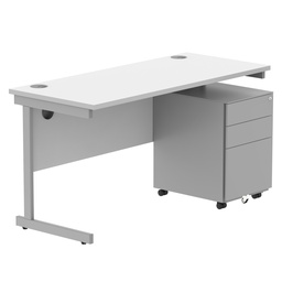 [COREBUNSU1460WHTSV+USMP3SV] CORE Single Upright Rectangular Desk + Under Desk Steel Pedestal 3 Drawers (FSC) | 1400 X 600 | Arctic White/Silver