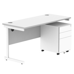 [COREBUNSU1460WHTWH+USMP3WH] CORE Single Upright Rectangular Desk + Under Desk Steel Pedestal 3 Drawers (FSC) | 1400 X 600 | Arctic White/White