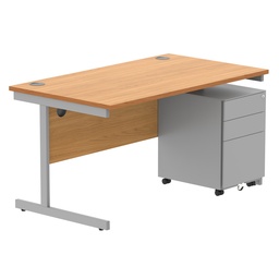 [COREBUNSU1480BCHSV+USMP3SV] CORE Single Upright Rectangular Desk + Under Desk Steel Pedestal 3 Drawers (FSC) | 1400 X 800 | Norwegian Beech/Silver