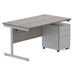 [COREBUNSU1480GOAKSV+USMP3SV] CORE Single Upright Rectangular Desk + Under Desk Steel Pedestal 3 Drawers (FSC) | 1400 X 800 | Alaskan Grey Oak/Silver