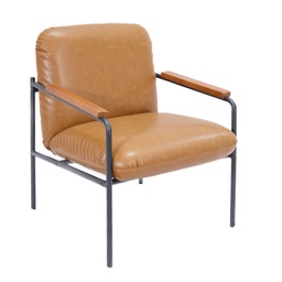 [OF0714BR] Settle Reception Chair Black Wire Frame Dark Brown Wooden Arm Pads Brown Pu Fabric
