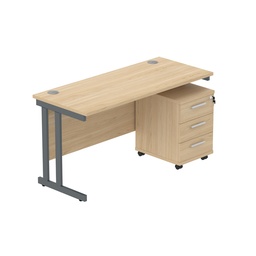 [COREBUNDU1460OKGRP3] Core|Double Upright|Rectangular Desk With 3 Drawer Mobile Under Desk Pedestal|1400X600|Canadian Oak-Graphite