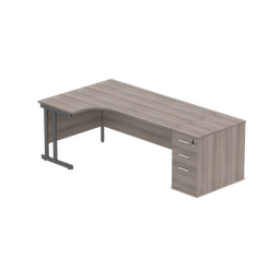 [COREBUNDU1812LGOAKGRP] Double Upright Left Hand Radial Desk + Desk High Pedestal (fsc) | 600Mm Deep Pedestal | 1800X1200 | Alaskan Grey Oak/Graphite