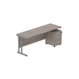 [COREBUNDU1860GOAKGRP3] Double Upright Rectangular Desk + 3 Drawer Mobile Under Desk Pedestal (fsc) | 1800X600 | Alaskan Grey Oak/Graphite