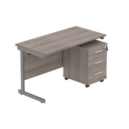 [COREBUNSU1260GOAKGRP3] Single Upright Rectangular Desk + 3 Drawer Mobile Under Desk Pedestal (fsc) | 1200 X 600 | Alaskan Grey Oak/Graphite