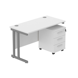 [COREBUNDU1260WHTGRP3] Double Upright Rectangular Desk + 3 Drawer Mobile Under Desk Pedestal (FSC) | 1200X600 | Arctic White/Graphite